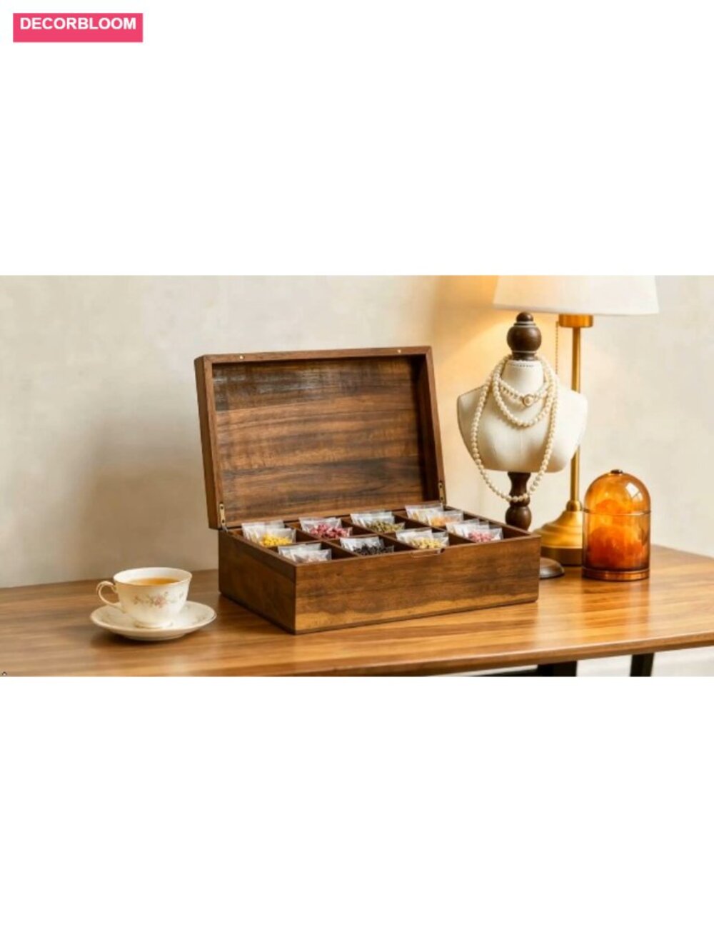 Acacia Wood Tea Bag Organizer Box Magnetic Lid 6 Compartment Tea Station - Picture 6 of 6